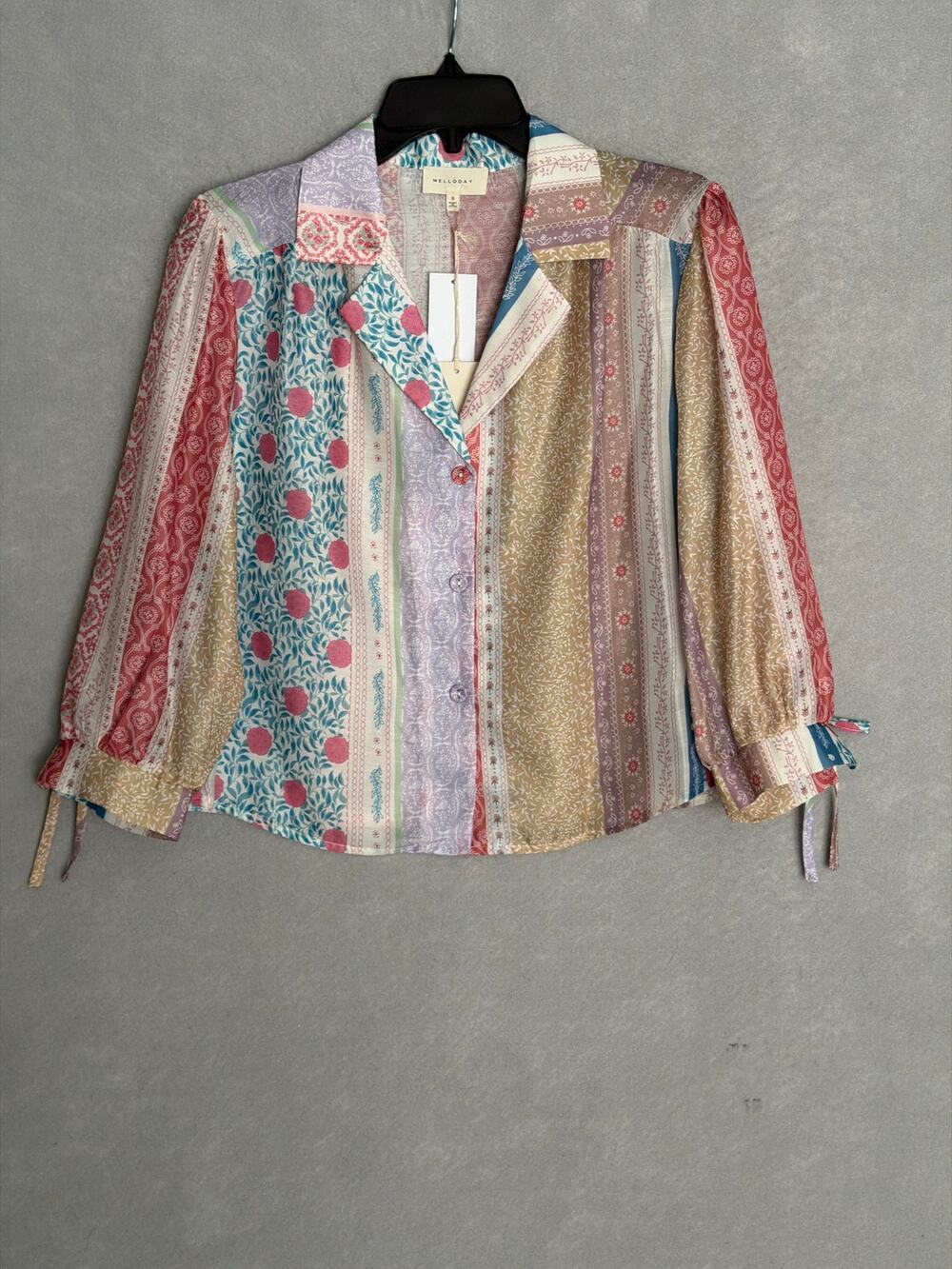 Mellóday Patchwork Print Top Organza Notched Collar Women's Small NEW